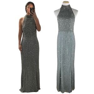 Ricci Wear Halter Neck Sequin Embellished Evening Gown Gray Silver Size M
